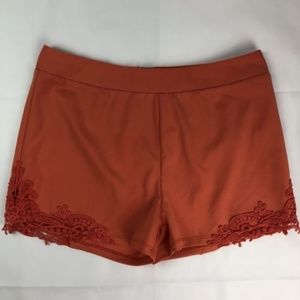 Umgee Coral Orange Lace side detail Zip up Shorts
